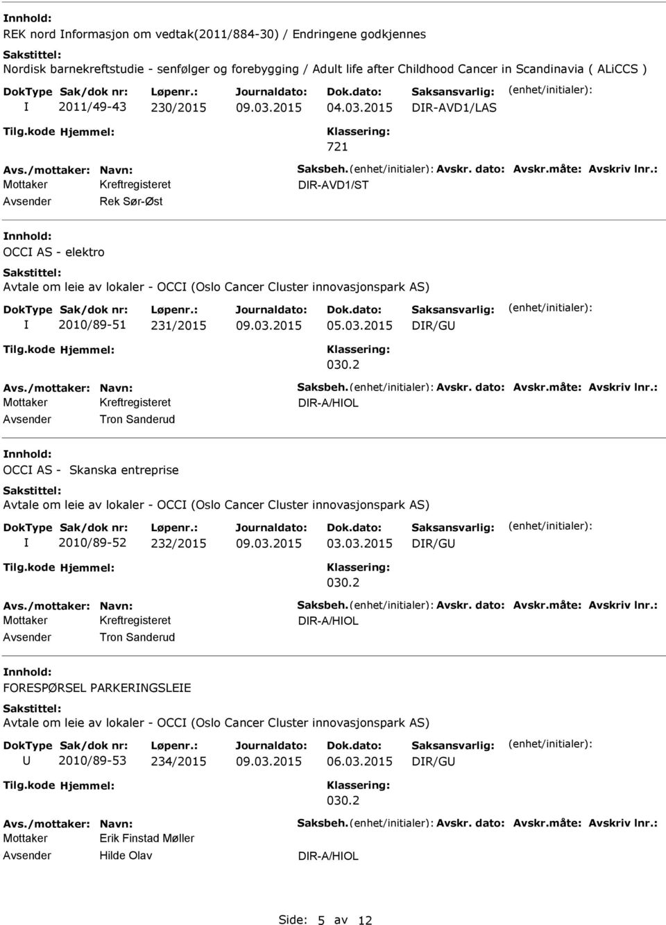 : DR-AVD1/ST Rek Sør-Øst OCC AS - elektro Avtale om leie av lokaler - OCC (Oslo Cancer Cluster innovasjonspark AS) 2010/89-51 231/2015 DR/G 030.2 Avs./mottaker: Navn: Saksbeh. Avskr. dato: Avskr.