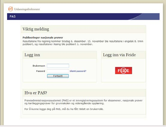 2.10.2.1 Lærar/skoleadministrator logger seg på PGS-A Gå til https://pgsa.udir.no Vel «Eksamensansvarlig» Pålogging til PGS-A monitor er endra slik at ein kan nytte FEIDE-pålogging om ein ønskjer det.