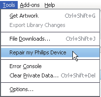 16 Reparere spilleren via Philips Songbird Tips Etter at du reparerer spilleren, fjernes CD-ROMpartisjonen og installeringsprogrammet for Philips Songbird fra spilleren.