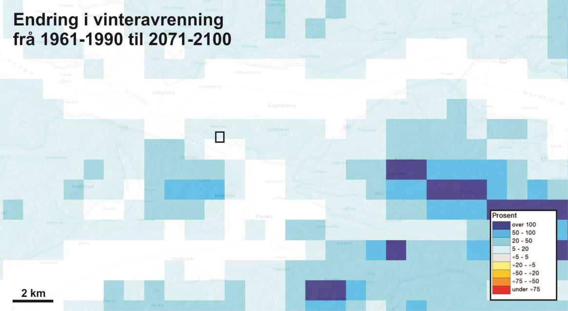 Figur 36: Haustavrenninga er modellert til å kunne auke med 20-50 % i undersøkingsområdet i 2071-2100 i høve til normalperioden 1961-1990.