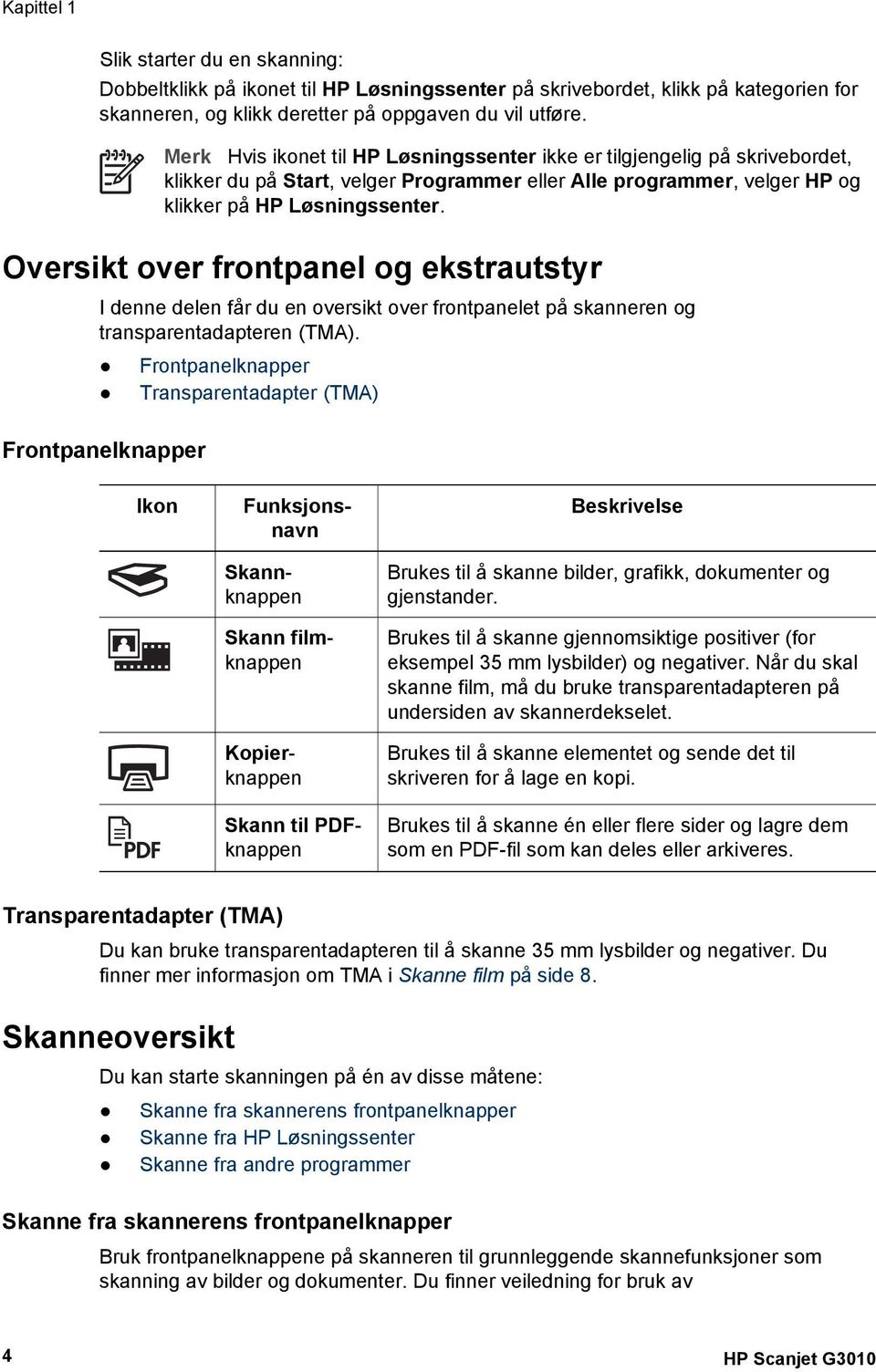 Oversikt over frontpanel og ekstrautstyr I denne delen får du en oversikt over frontpanelet på skanneren og transparentadapteren (TMA).