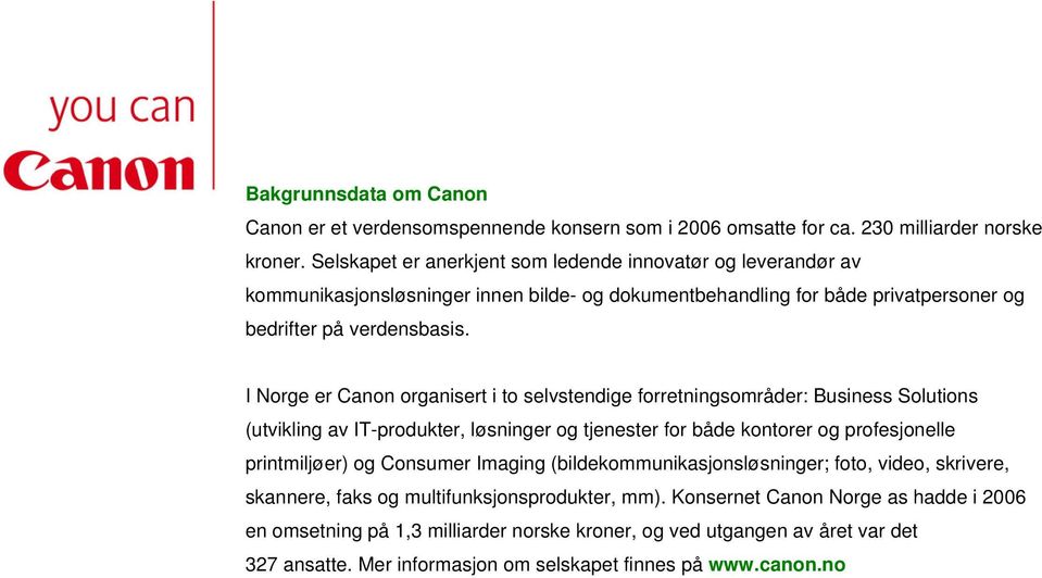 I Norge er Canon organisert i to selvstendige forretningsområder: Business Solutions (utvikling av IT-produkter, løsninger og tjenester for både kontorer og profesjonelle printmiljøer) og