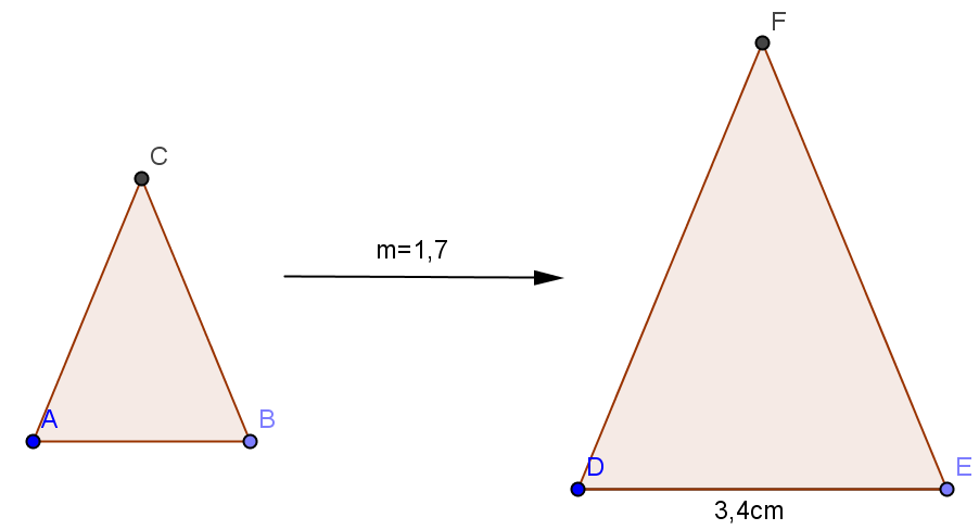 NIVÅ B B.2: Kunne finne lengder i originalen når målestokken og lengder i kopien er oppgitt Eksempel-oppgave: Her ser du to formlike trekanter. ΔABC er originalen og ΔDEF er kopien.