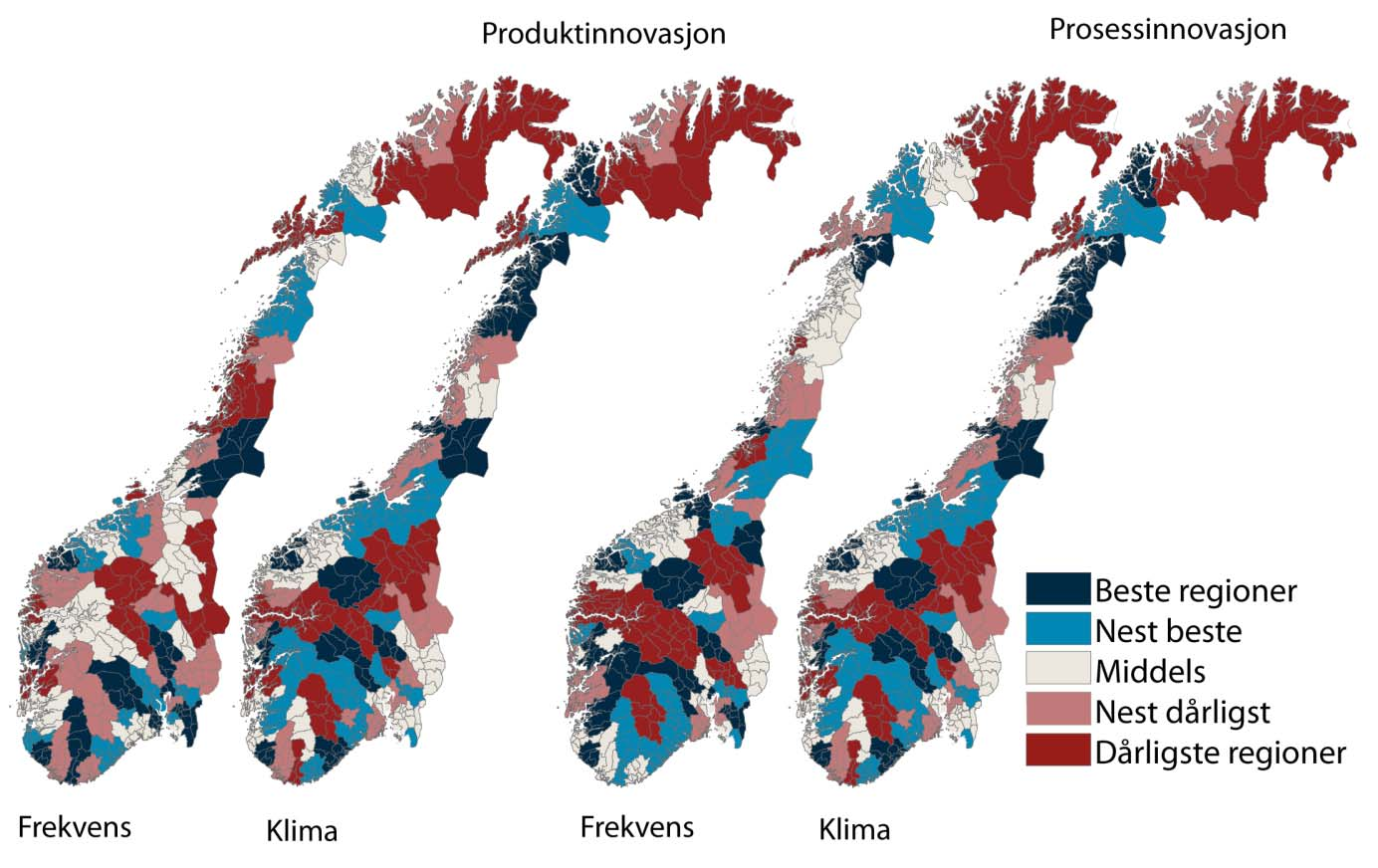 Regionale trender Figur 73: Innovasjonsfrekvens og innovasjonsklima for produkt og prosessinnovasjon i regionene.