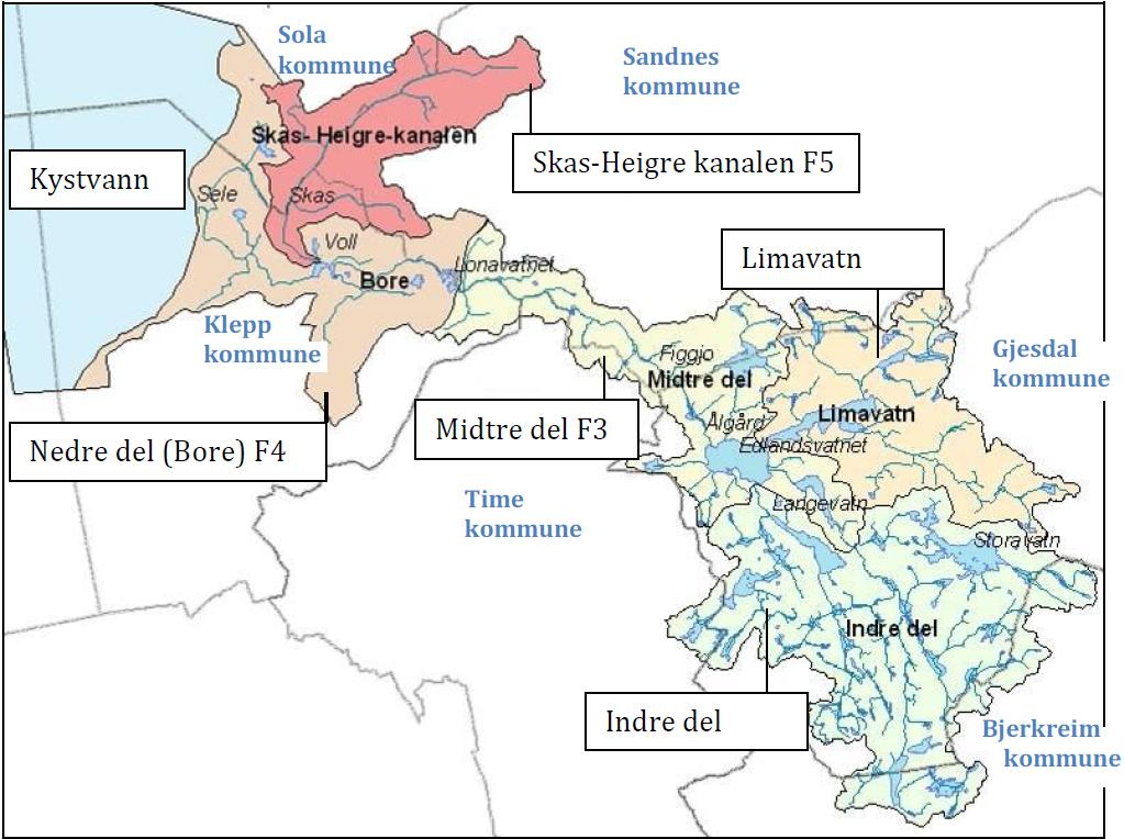 Figur 2. Inndeling av vannområde Figgjo i ulike delområder. Kilde: Fylkesmannen i Vest-Agder, 2009.