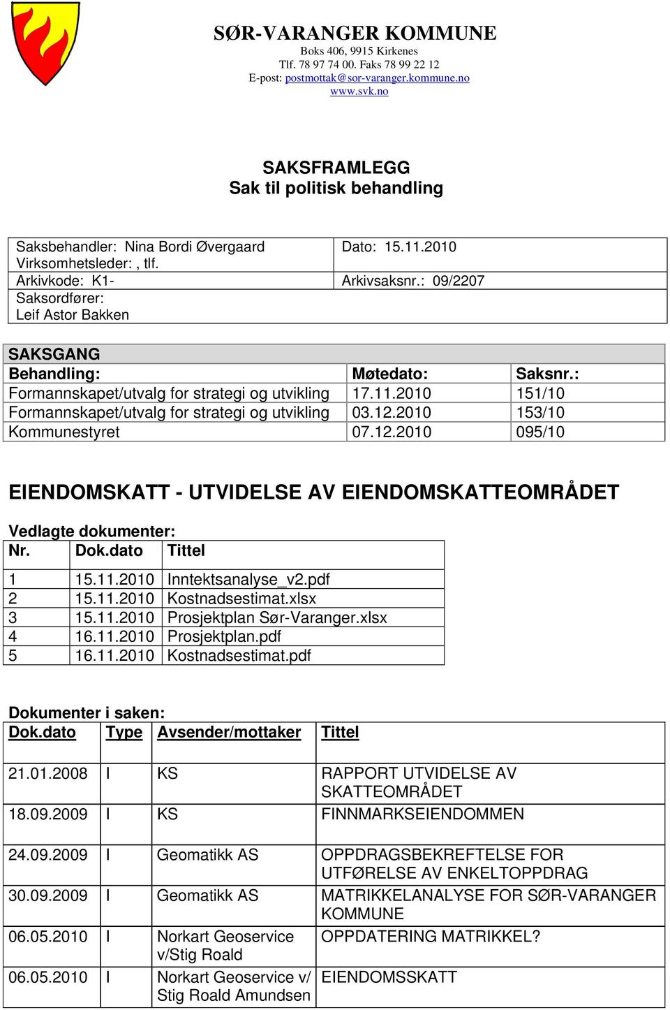 : 09/2207 Saksordfører: Leif Astor Bakken SAKSGANG Behandling: Møtedato: Saksnr.: Formannskapet/utvalg for strategi og utvikling 17.11.2010 151/10 Formannskapet/utvalg for strategi og utvikling 03.12.