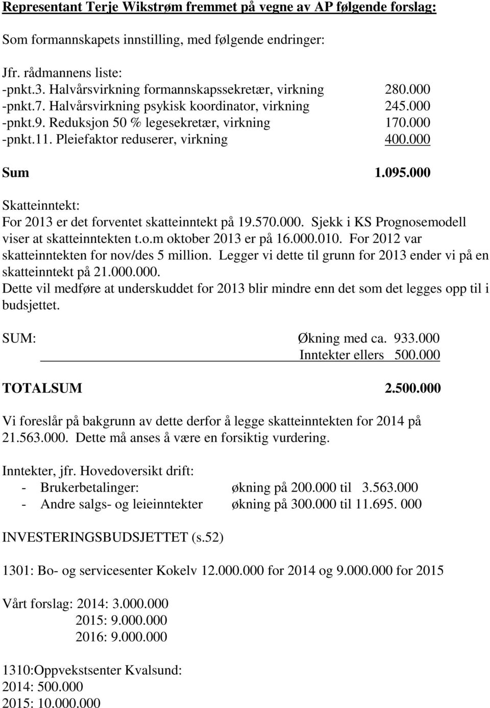 Pleiefaktor reduserer, virkning 400.000 Sum 1.095.000 Skatteinntekt: For 2013 er det forventet skatteinntekt på 19.570.000. Sjekk i KS Prognosemodell viser at skatteinntekten t.o.m oktober 2013 er på 16.