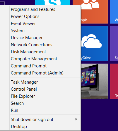 Startknappen i Skrivebord-modus Hurtigmeny Hurtigmenyen vises som en boks fylt med rask tilgang til noen av programmene i Windows 8.