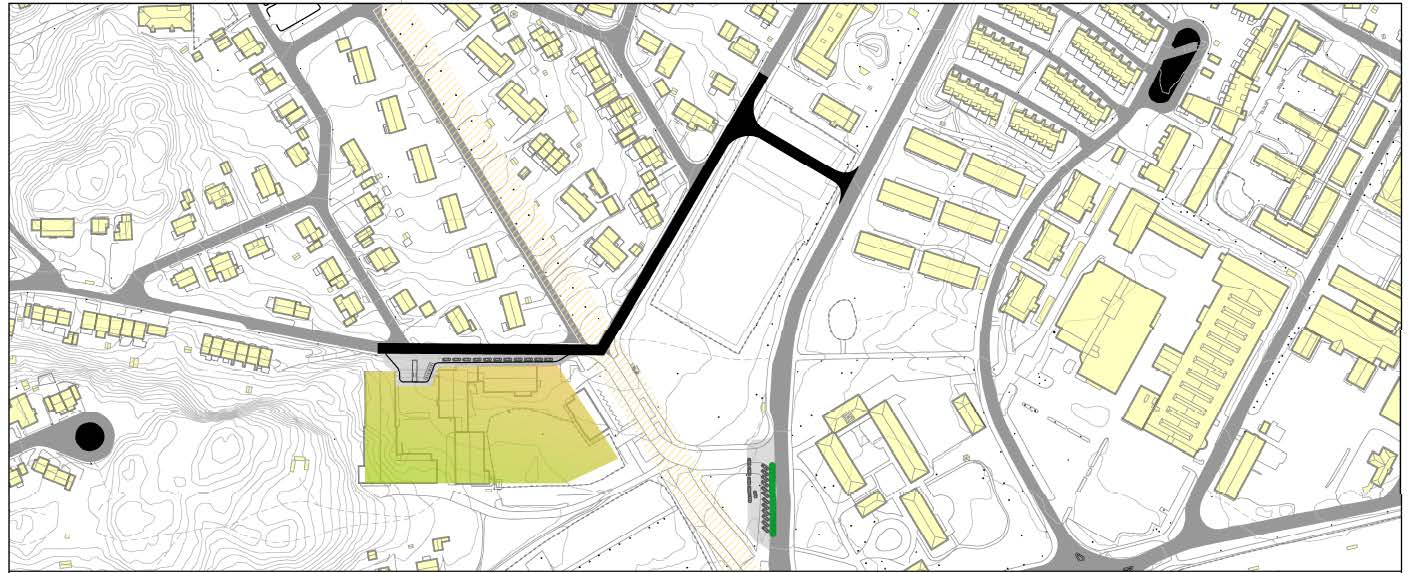 Alternativ 3 viser et alternativ uten vegforbindelse øst for skolen med trafikken flyttet til ny forbindelse nord for fotballbanene.