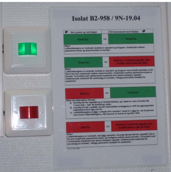 Alarmsystem Brukergrensesnitt for personalet på Infeksjon: Grønt lys Undertrykk mellom rom/sluse og sluse/korridor fungerer normalt Grønt og rødt lys