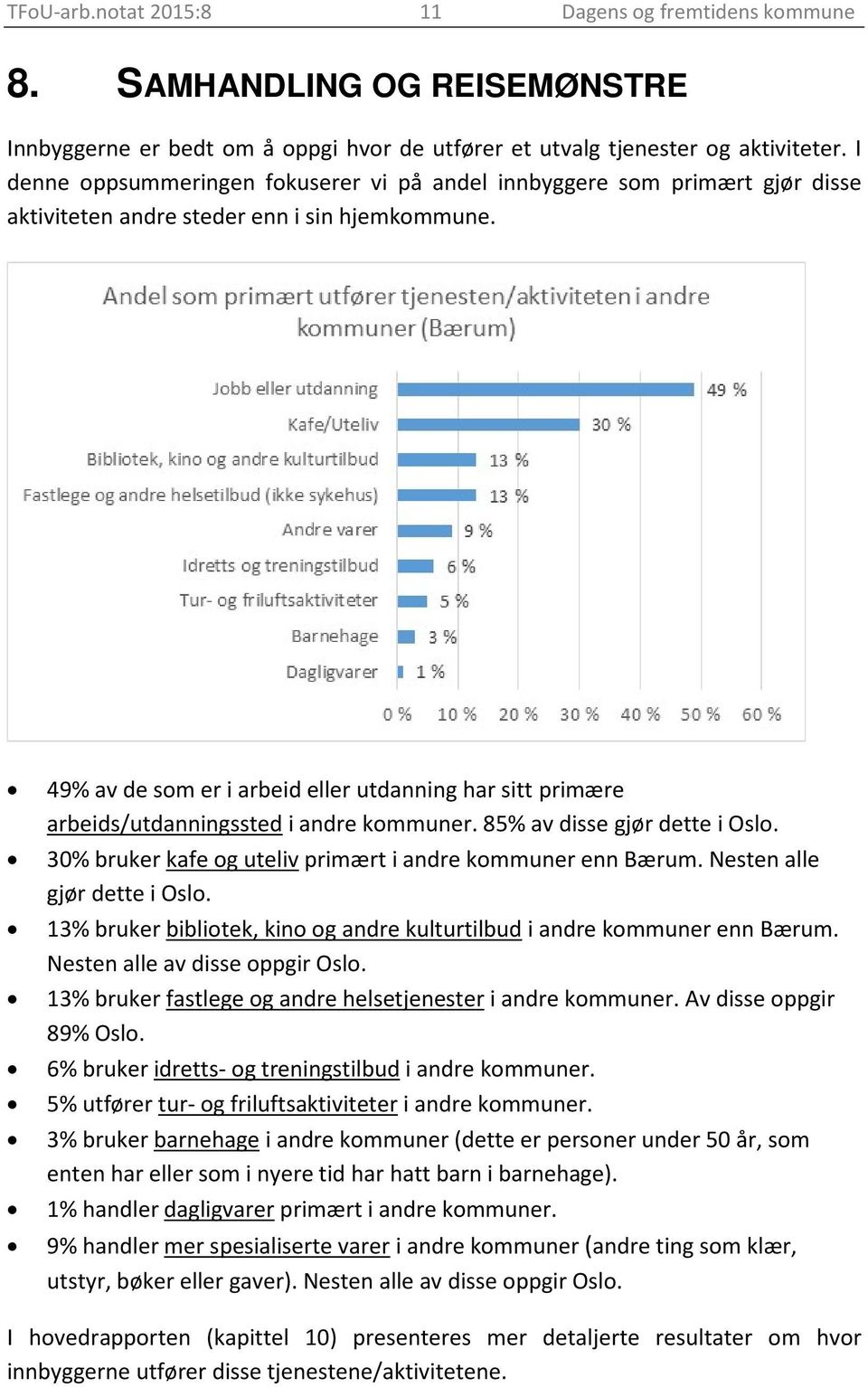 49% av de som er i arbeid eller utdanning har sitt primære arbeids/utdanningssted i andre kommuner. 85% av disse gjør dette i Oslo. 30% bruker kafe og uteliv primært i andre kommuner enn Bærum.