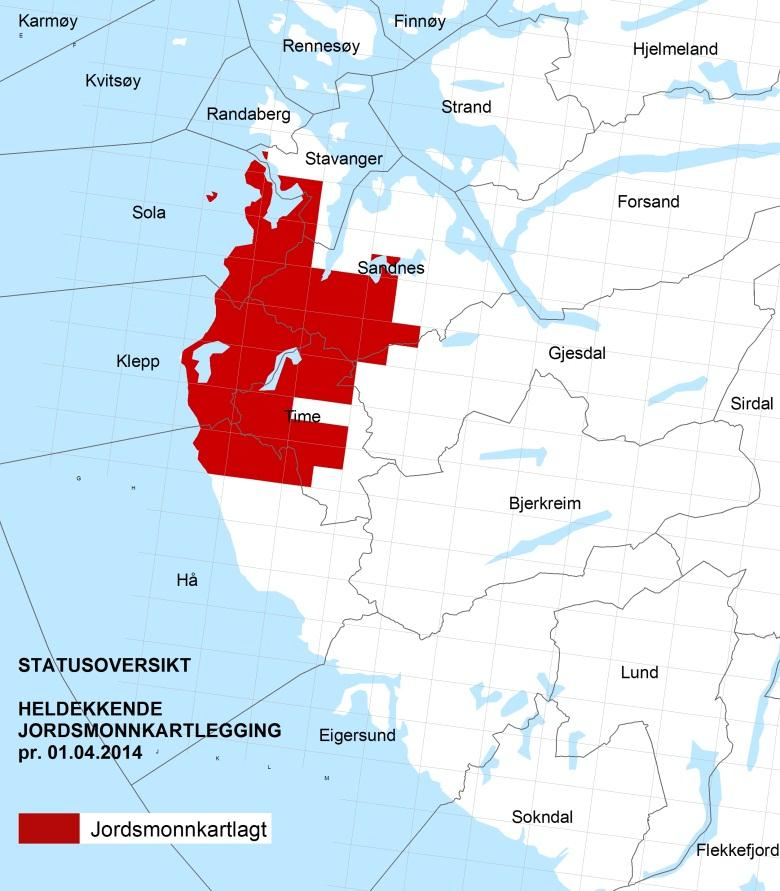 Jordsmonnkartlegging Detaljert heldekkende kartlegging Utvalgskartlegging Omfatter kommunene Sandnes ( ca 60 % av jordbruksarealet) Sola (ca 95 % av jordbruksarealet) Time (ca 65 % av