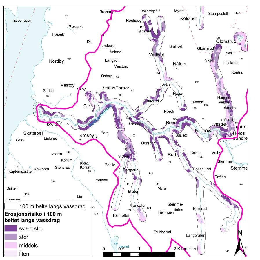 Erosjonsrisiko Kombinasjon av erosjonsrisikokart og vassdragsnære belter bidrar til å identifisere