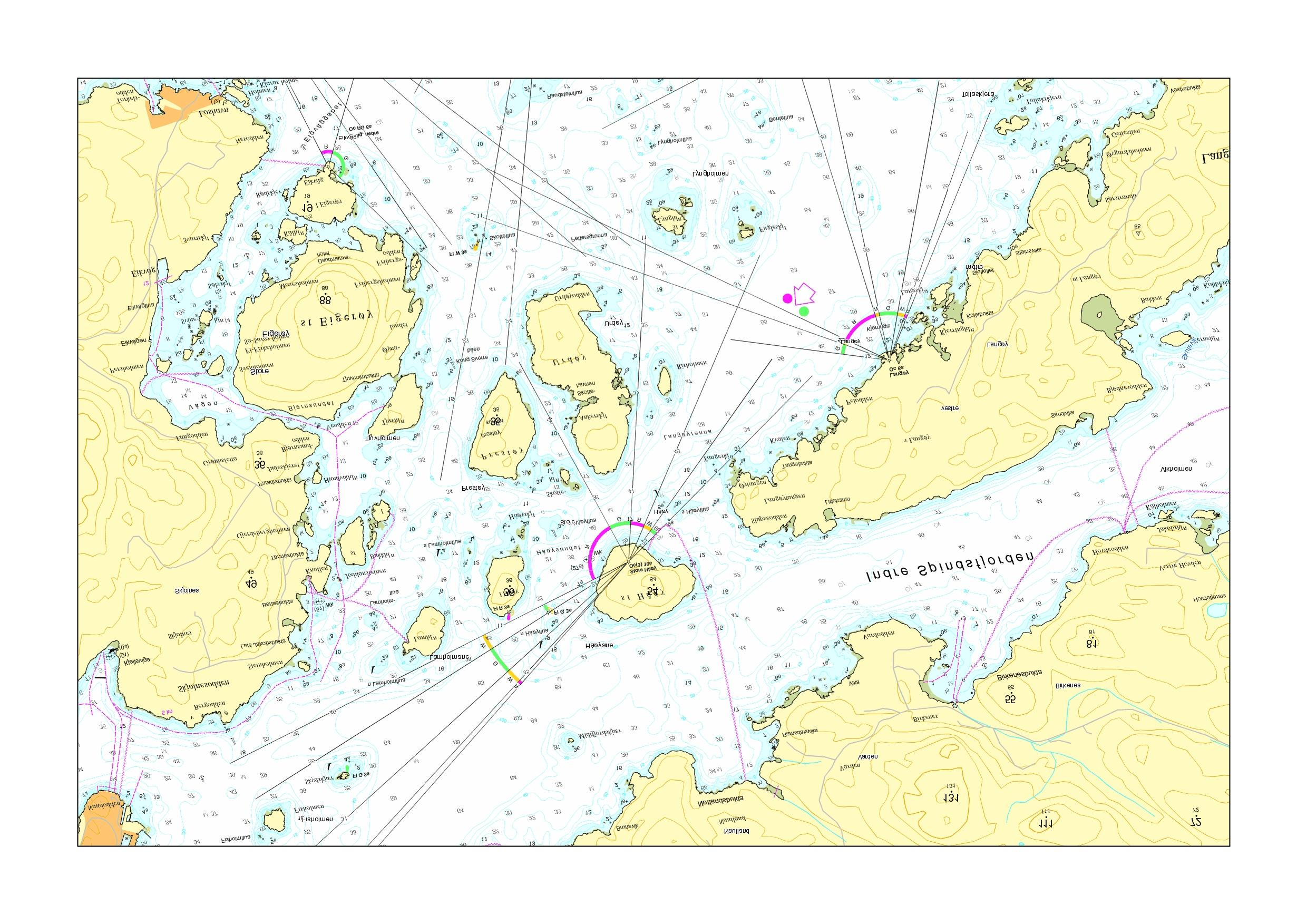 Fartøy på vei inn leden til Farsund seiler i hvit sektor på Langøy lykt og dreier videre inn hvit sektor på Store Håøy lykt.