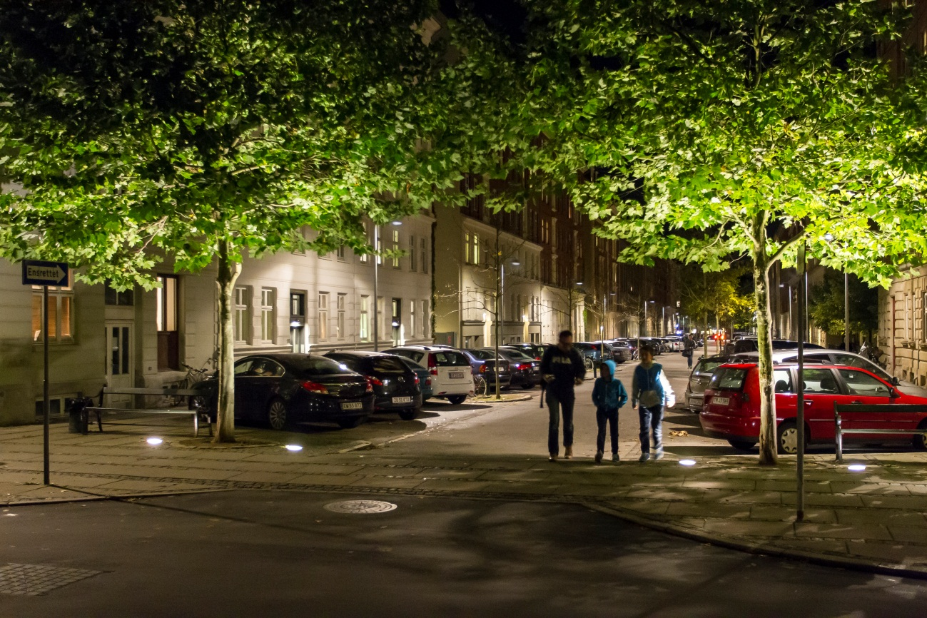 På plasser er belysning av trær et godt supplement til ferdselsbelysningen og skaper et behagelig byrom å oppholde seg i. Denne belysningsteknikk bør velges i Ytre Arna sentrum, og Sentrumsparken.