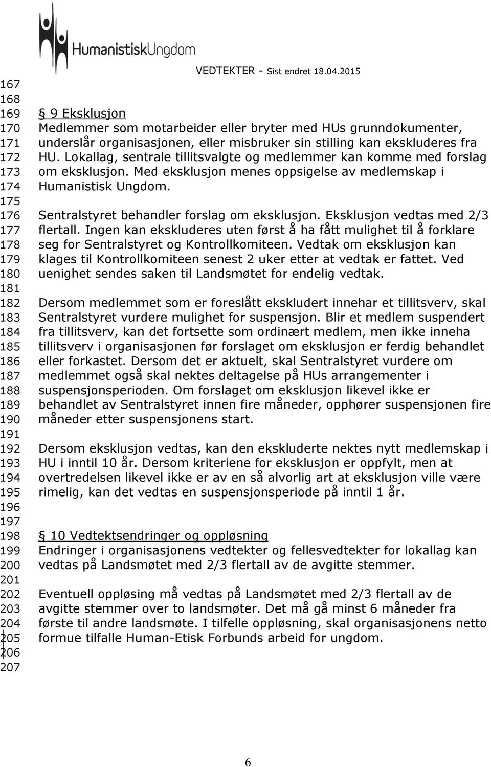 Lokallag, sentrale tillitsvalgte og medlemmer kan komme med forslag om eksklusjon. Med eksklusjon menes oppsigelse av medlemskap i Humanistisk Ungdom. Sentralstyret behandler forslag om eksklusjon.