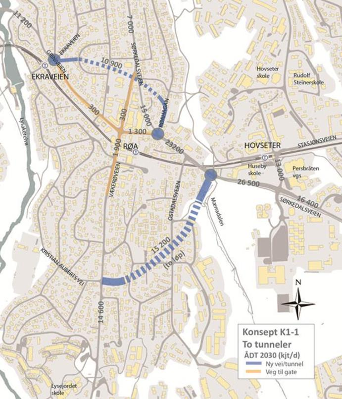 1.2 Alternativanalyse 1.2.1 Konsepter Det er identifisert fire konsepter: K1: To tunneler K2: Tunnel nord sør K3: Tunnel øst vest K4: Vei i dagen Konseptet med tunnel i nord-sør retning, K2,