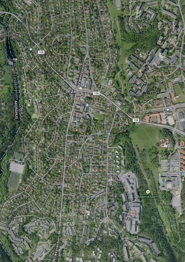 Figur 5: Ortofoto som viser Røa og omkringliggende bebyggelse (Kart fra Googlemaps) Barn som bor i nærmiljøet rundt Røa sentrum tilhører både Voksen, Bogstad, Lysejordet og Huseby skole.
