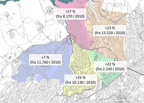 Figur 25: Registrert sykkel- og gangtrafikk, timetrafikk (juni 2011). Tall i rødt er sykkeltrafikk, tall i sort er fotgjengere. Tall i parentes er ettermiddagstrafikk, uten parentes er morgentrafikk.