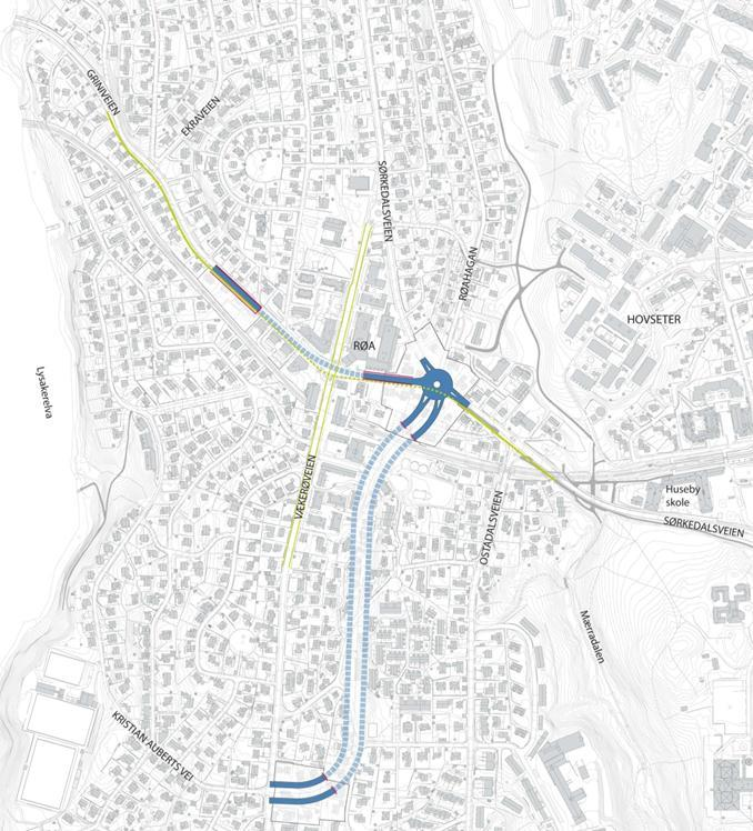 K1-2: Lokk og tunnel Konsept K1-2 forutsetter et lokk i øst-vest retning og tunnel i nord-sør retning. Konseptet er illustrert i figuren under.