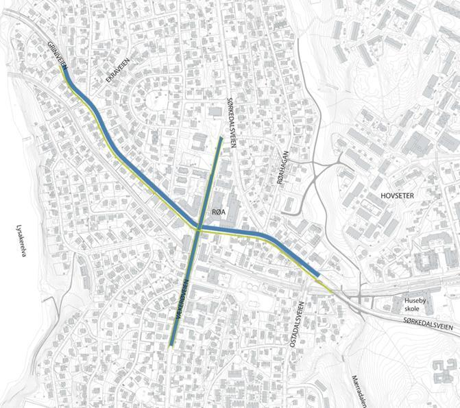 K4: Vei i dagen Konsept K4 forutsetter at dagens veier gjennom Røakrysset etableres som gater med redusert fremkommelighet for biltrafikken. Tilretteleggelse for gater er nærmere omtalt i kap. 6.3.1.