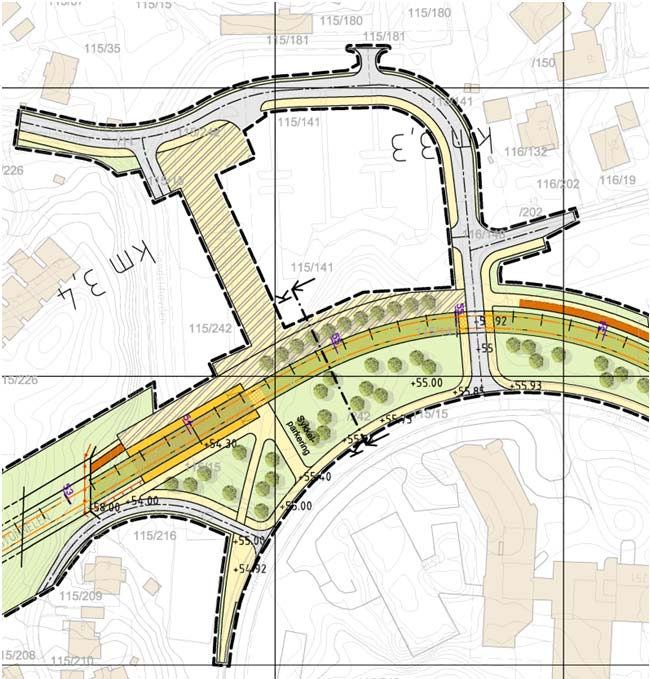 Side: 4 av 5 Utsnitt av illustrasjonsplan for Sandslivegen med endret veiføring for Sandslivegen, ny plassering av busslommer og endringer i gang- og sykkelforbindelser ved bybanestoppet.