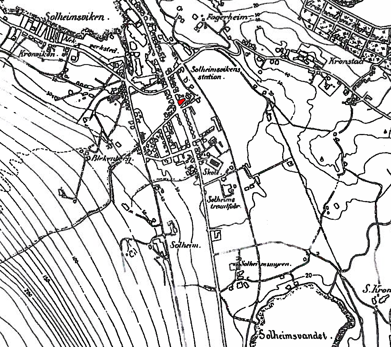 Kulturminnedokumentasjon. Solheimsgaten 58 6 Figur 2. Kart fra århundreskiftet (ukjent opphav). Solheimsgaten 58 er markert rødt og ligger ved sørgående hovedvei ut av sentrum.