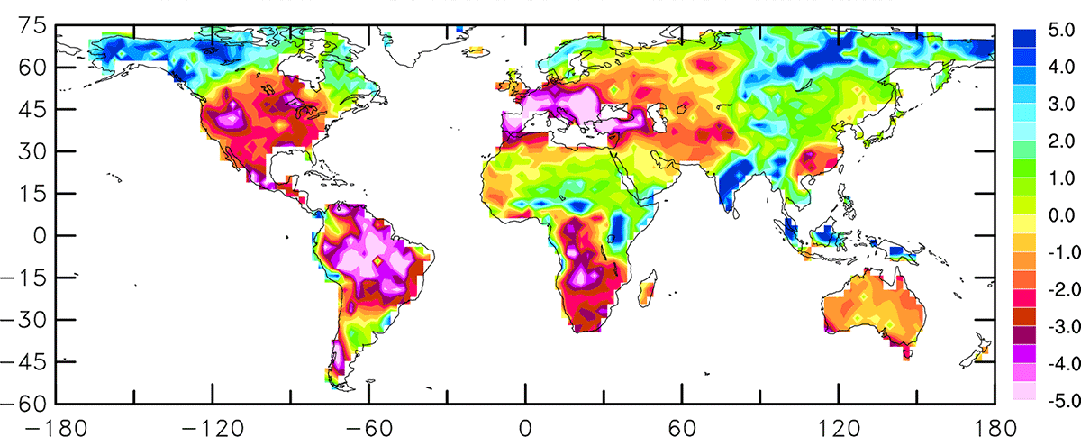 Tørkeperioder sommerstid (indeks basert på 14 klimamodeller; 2090-2099; RCP4.