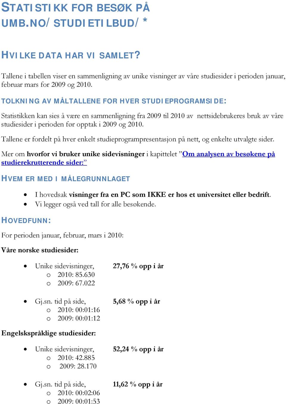 TOLKNING AV MÅLTALLENE FOR HVER STUDIEPROGRAMSIDE: Statistikken kan sies å være en sammenligning fra 2009 til 2010 av nettsidebrukeres bruk av våre studiesider i perioden før opptak i 2009 og 2010.