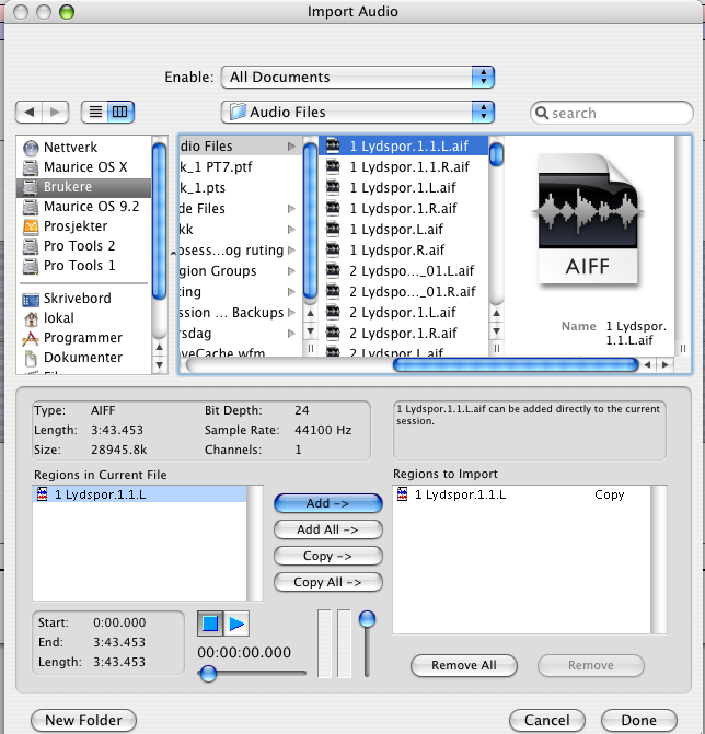 Importere en lydfil: Gå til rullegardinmenyen File. Velg Import Audio to Track eller Audio to Region List.