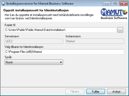 Oppdatering til nyeste versjon 9b Server: Opprett installasjonssett: Dersom du ovenfor valgte å opprette installasjonssett, setter du innstillinger for installasjonssettet her.