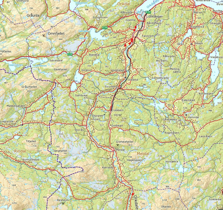 Områdebeskrivelse FIGUR 1: KARTFESTING AV ALLE STASJONENE SOM HAR VÆRT UNDERSØKT. De 3 undersøkte bekkene ligger sør for Trondheimsfjorden og innenfor Vannområde Orkla (Figur 1).