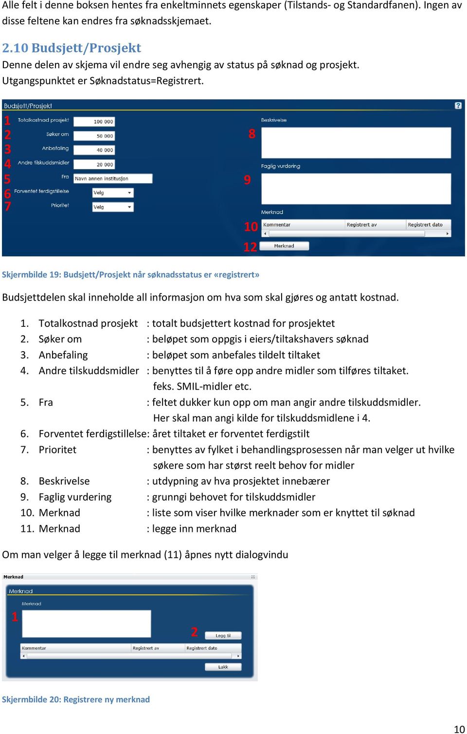 6 7 9 8 0 Skjermbilde 9: Budsjett/Prosjekt når søknadsstatus er «registrert» Budsjettdelen skal inneholde all informasjon om hva som skal gjøres og antatt kostnad.