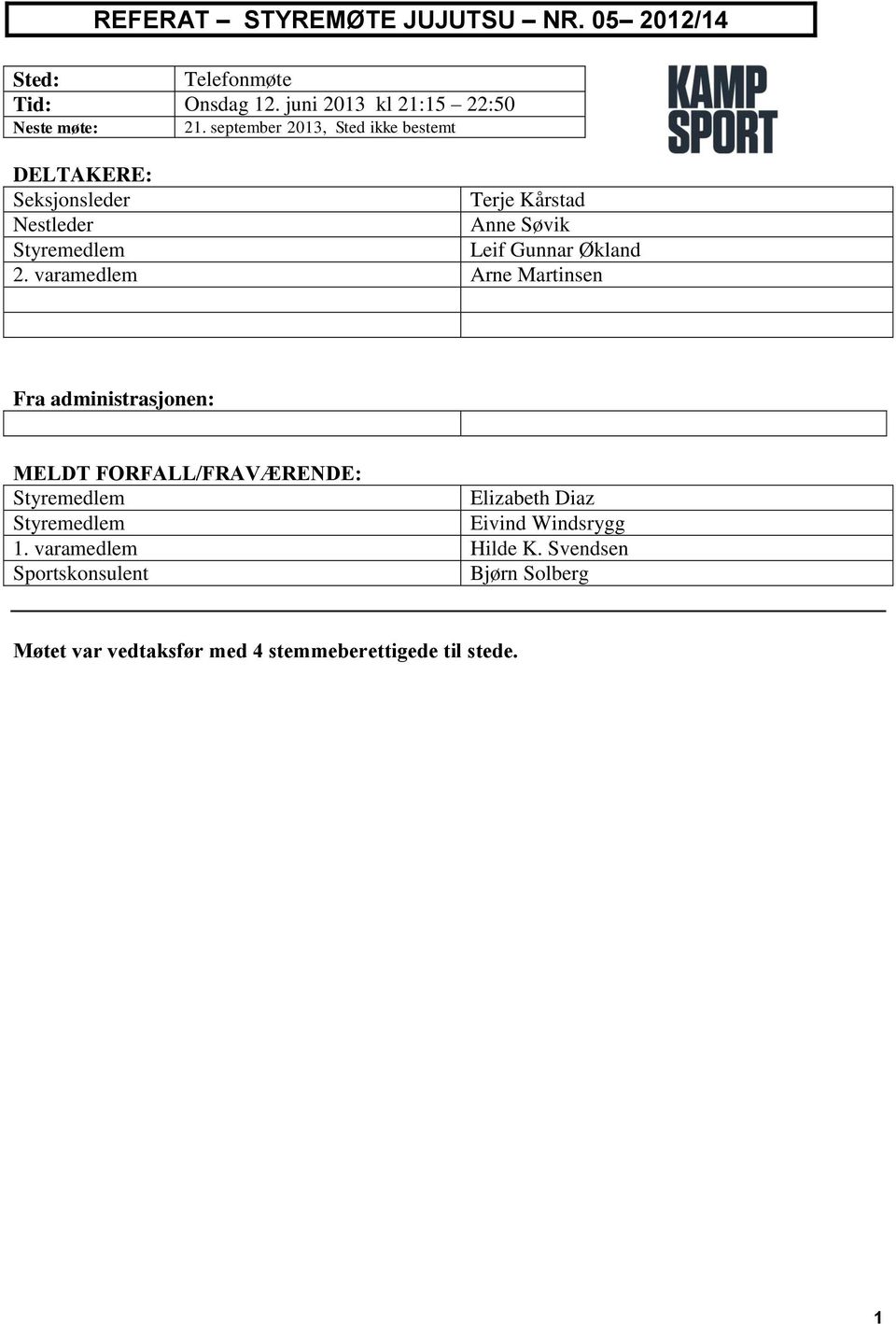 varamedlem Arne Martinsen Fra administrasjonen: MELDT FORFALL/FRAVÆRENDE: Elizabeth Diaz Eivind Windsrygg 1.