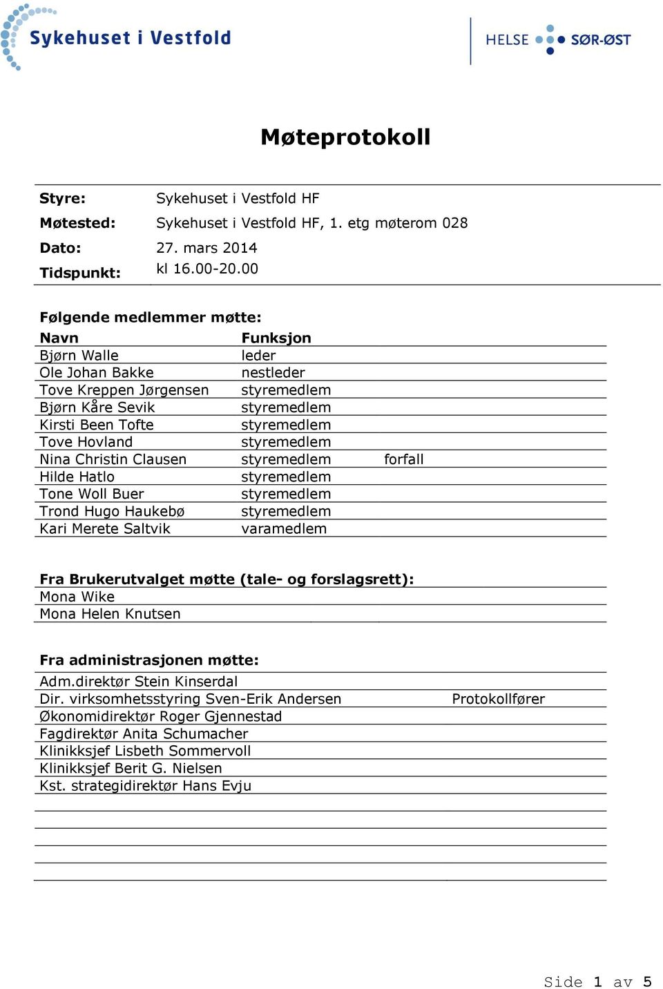 Hilde Hatlo Tone Woll Buer Trond Hugo Haukebø Kari Merete Saltvik varamedlem Fra Brukerutvalget møtte (tale- og forslagsrett): Mona Wike Mona Helen Knutsen Fra administrasjonen møtte: Adm.