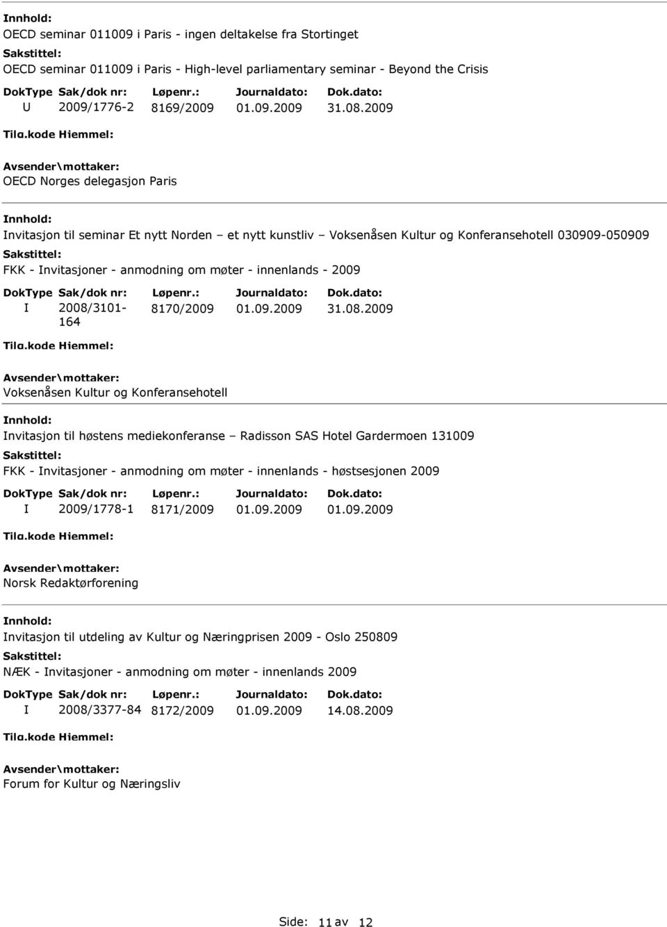 : 8170/2009 Voksenåsen Kultur og Konferansehotell nvitasjon til høstens mediekonferanse Radisson SAS Hotel Gardermoen 131009 FKK - nvitasjoner - anmodning om møter - innenlands - høstsesjonen 2009