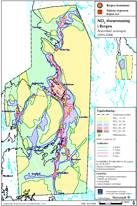 Side 8 av 18 4 BAKGRUNNSKONSENTRASJONER Figur 3 viser årsmiddelverdier for Bergensområdet basert på målinger med passive prøvetakere foretatt i 1998-99 og 2005-2006 samt inversjonskart og