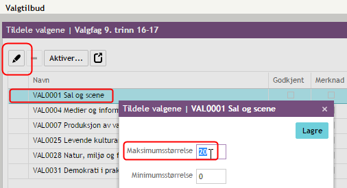 Tildele valgene Her har du mulighet til å gjøre ulike prioriteringer i forhold til enkeltelever (merk elev og klikk endreblyant) for å justere antall elever i de ulike gruppene.