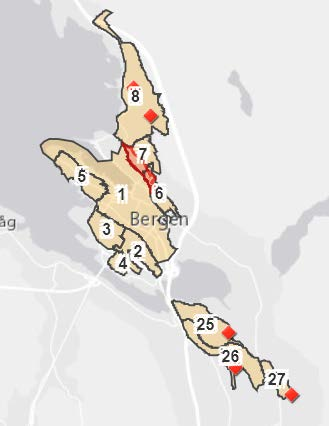 Figur 18 Oversikt over områder med boligsoneparkering i Bergen og Stavanger kommune. Kartene viser at Bergen og Stavanger har mange boligsoner. Det er høyest avgift på de mest sentrumsnære sonene.