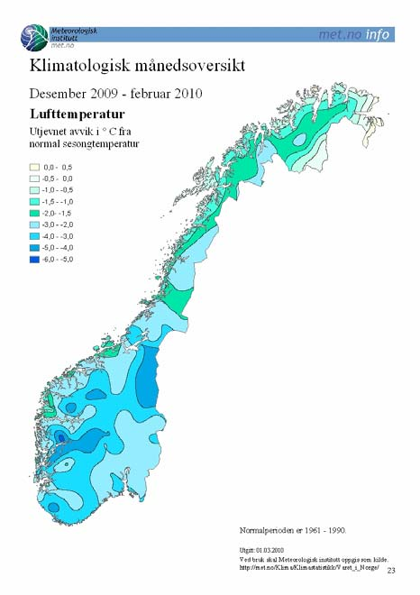 Kystovervåkingsprogrammet 21 Vannkvalitet Figur 2.3. Sesongmessig oversikt over avvik fra normal lufttemperatur i Norge i 29-21 (Kilde: http://met.