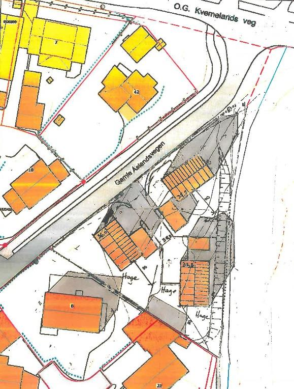 Illustrasjon som viser den planlagte bebyggelsen og tomteutnyttelsen med felles atkomstveg og private hagearealer.