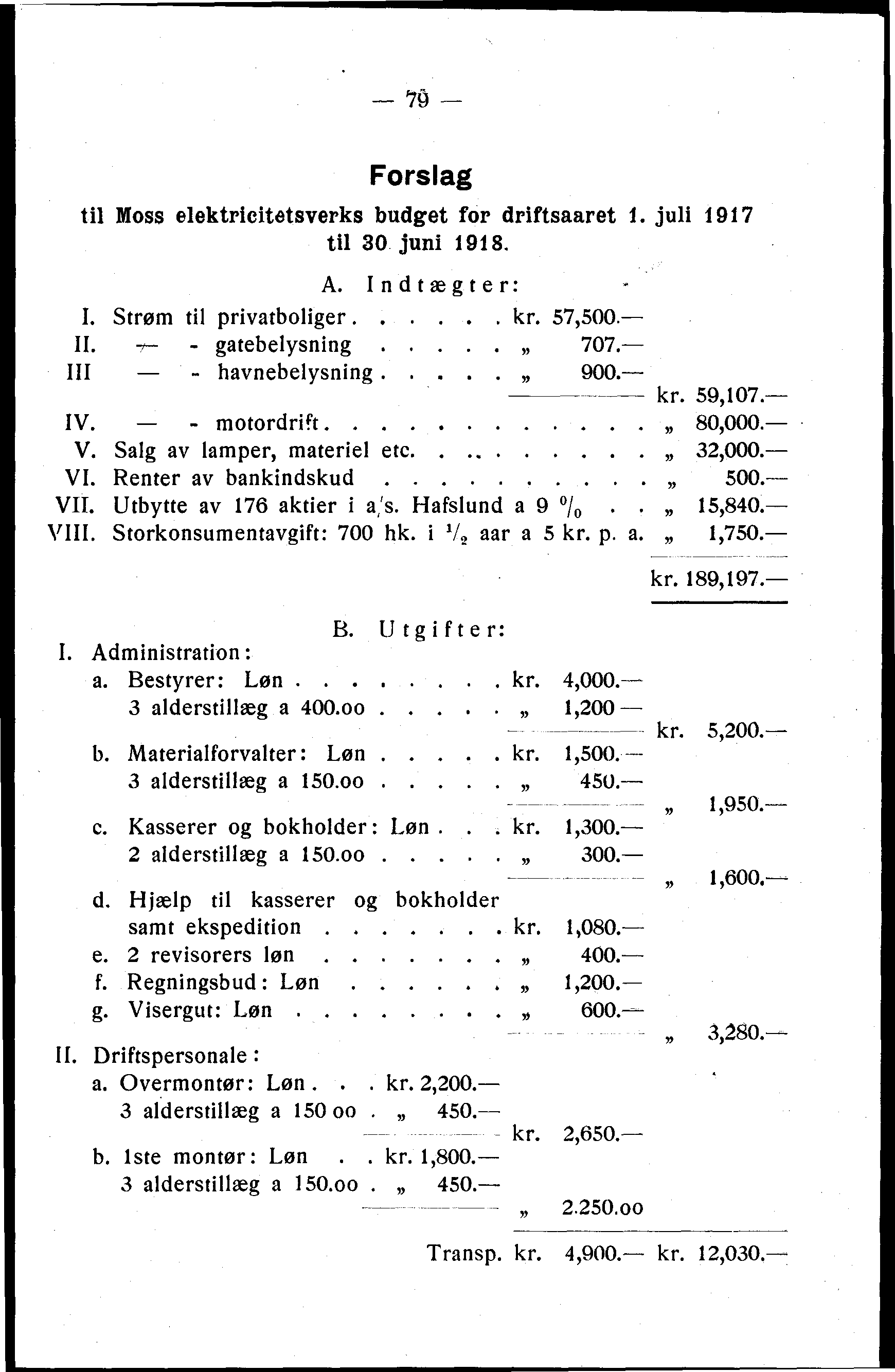 70 Forslag til Moss elektricitetsverks budget for driftsaaret 1. juli 1917 til 30 juni 1918. A. 1ndtgter: I. Strom til privatboliger..... kr. 57,500. II. - gatebelysning 51 707.