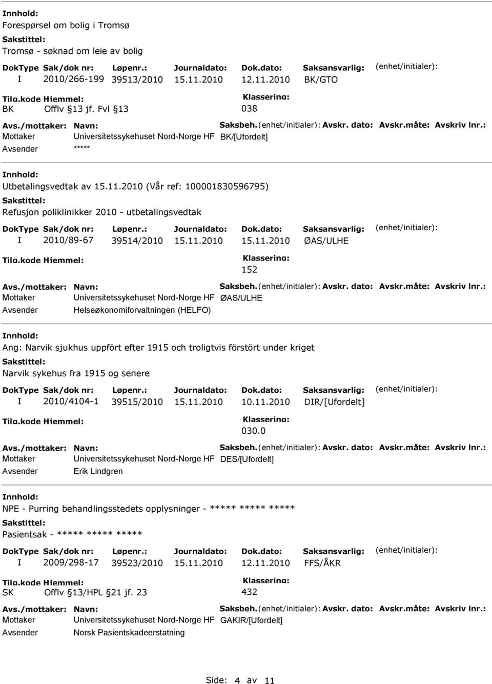 152 Mottaker niversitetssykehuset Nord-Norge HF ØAS/LHE Helseøkonomiforvaltningen (HELFO) Ang: Narvik sjukhus uppfört efter 1915 och troligtvis förstört under kriget Narvik sykehus fra 1915 og senere