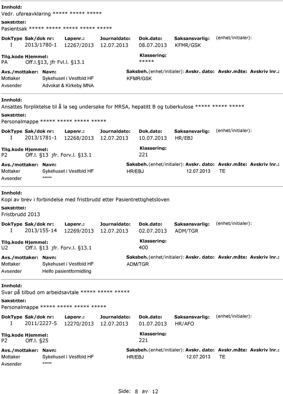 dato: Avskr.måte: Avskriv lnr.: TE Kopi av brev i forbindelse med fristbrudd etter Pasientrettighetsloven Fristbrudd 2013 2013/155-14 12269/2013 02.07.2013 ADM/TGR 2 400 Avs.