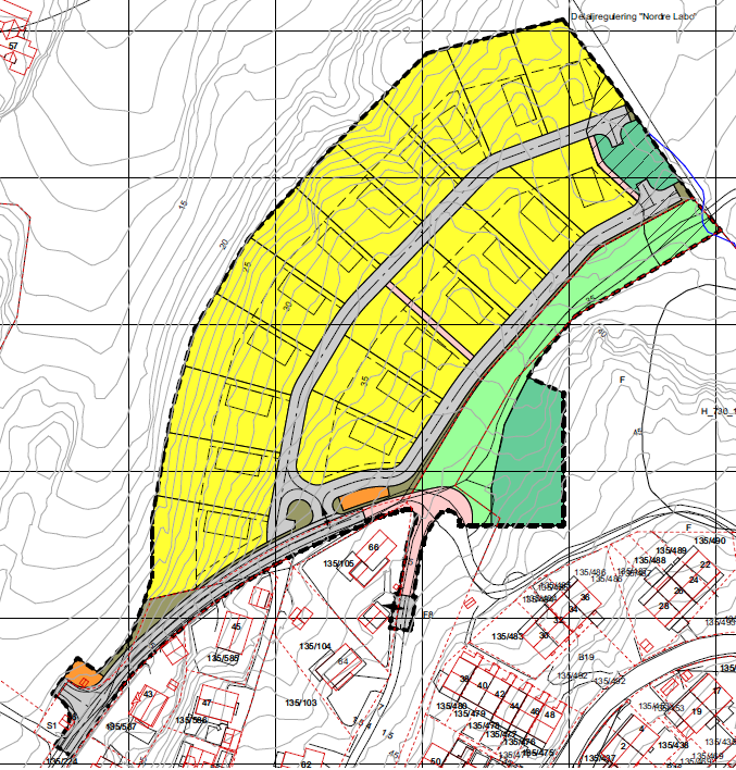 Figur 4 Planforslaget (kilde: Drøbak arkitektkontor AS) Planforslaget legger til rette for å bygge 18 eneboliger.