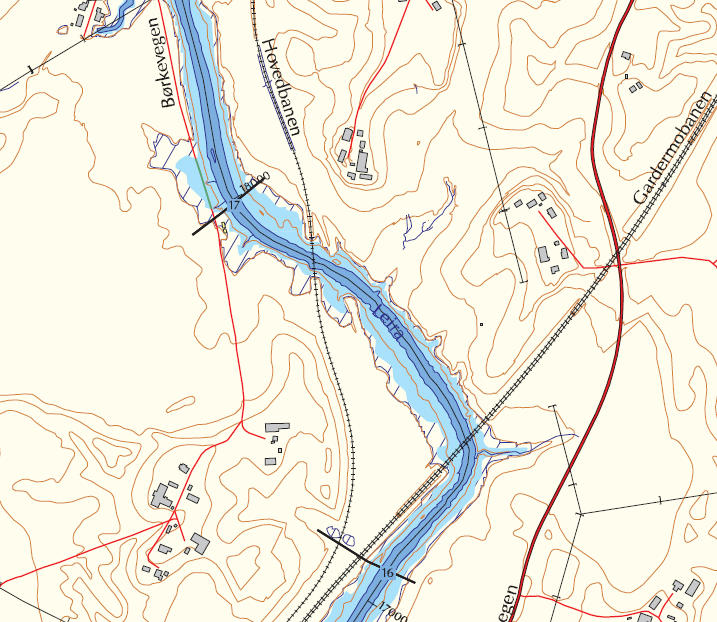 Side: Side 5 av 6 Det er laget flomsonekart vassdraget, samt beregnet vannlinjer for flommer med ulikt gjentaksintervall, se figur 4.