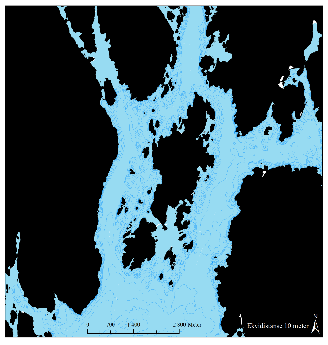 Kapittel 2 Kvartærgeologisk kartlegging Figur 2.13: Batymetri i fjordene rundt feltområdet. Legg merke til oppgrunningen i Vatlestraumen i forhold til områdene rundt.
