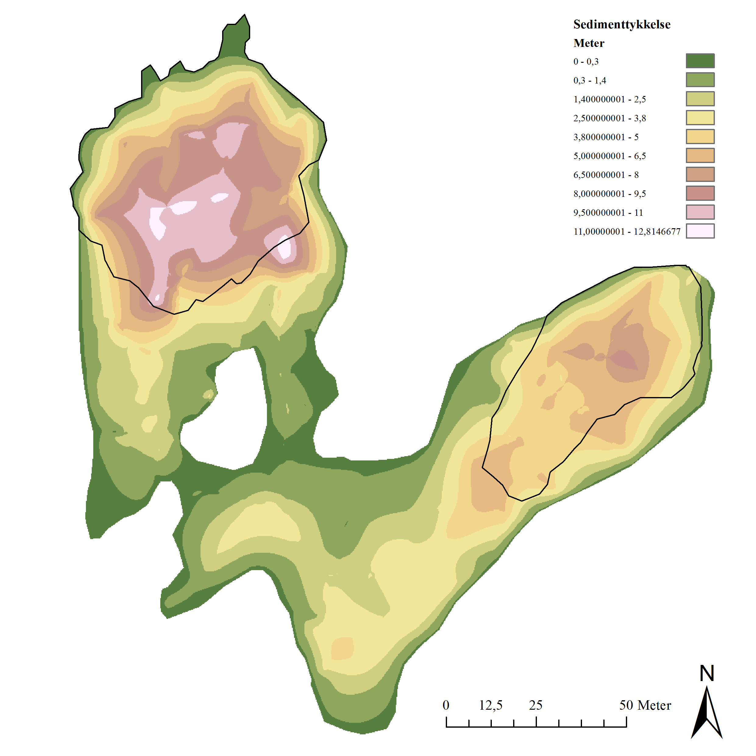 Kapittel 3 Georadar og innsjøsediment 3.1.4 Estimat av sedimenttykkelse Figur 3.4: Sedimenttykkelseskart.