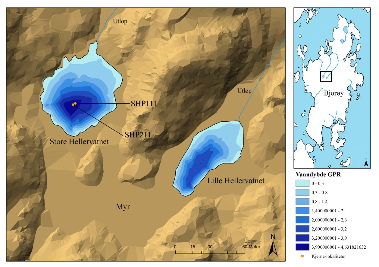 Kapittel 3 Georadar og innsjøsediment Figur 3.6: Dybdekart og oversikt over kjernelokaliteter fra Store- og Lille Hellervatn. Dybder er basert på GPR-profiler (100 MHz) og er oppgitt i meter. 3.2.