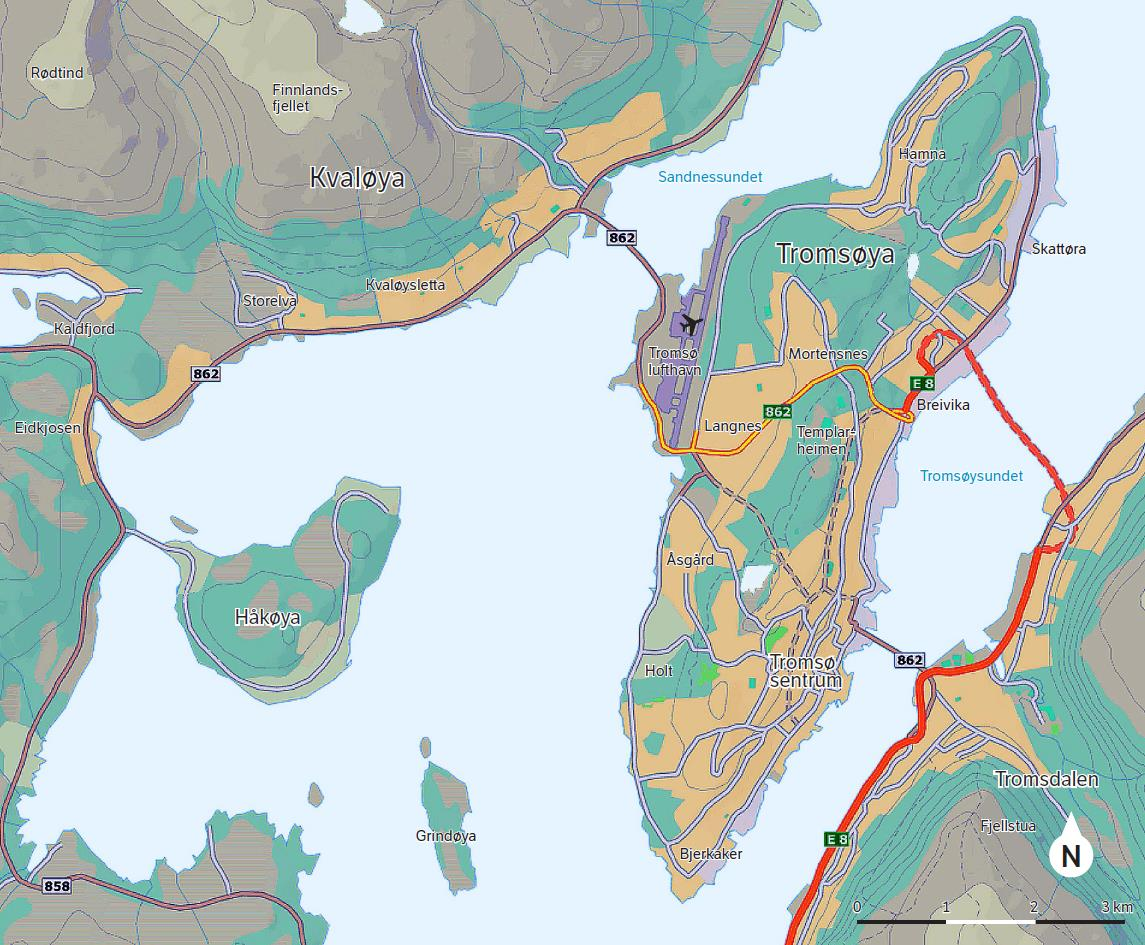 1.2 Dagens situasjon Planområdet for kommunedelplanen framgår av kartet nedenfor. Det omfatter dessuten nødvendige arealer i Breivika og Langnes.